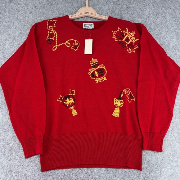 Koret Sweaters - Vintage Koret Red Wool Blend Crest Embroidered Sweater NWT Small BoHo